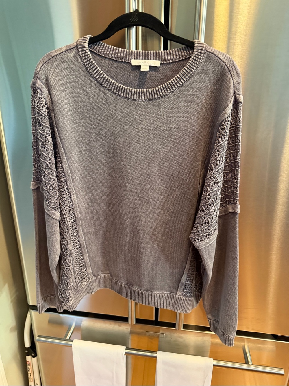 J. Jill Lavender-Gray Knit Crewneck Sweater with Lace-Panel Sleeves